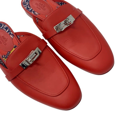 エルメス HERMES オズ フラットシューズ 靴 シューズ レザー レッド シルバー ケリー金具 ミュール