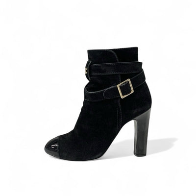 シャネル CHANEL ブーツ ショートブーツ 靴 シューズ スエード パテント ブラック 黒 ココマーク ベルト