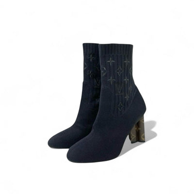 ルイヴィトン LOUIS VUITTON シルエットライン ブーツ ショートブーツ 靴 シューズ ファブリック レザー ブラック ブラウン 黒 アンクルブーツ ソックスブーツ ニット