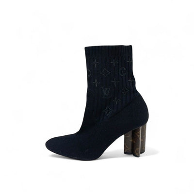 ルイヴィトン LOUIS VUITTON シルエットライン ブーツ ショートブーツ 靴 シューズ ファブリック レザー ブラック ブラウン 黒 アンクルブーツ ソックスブーツ ニット