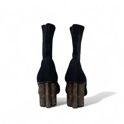 ルイヴィトン LOUIS VUITTON シルエットライン ブーツ ショートブーツ 靴 シューズ ファブリック レザー ブラック ブラウン 黒 アンクルブーツ ソックスブーツ ニット