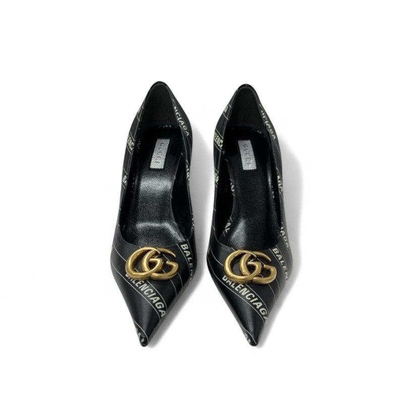 グッチ GUCCI パンプス 靴 シューズ レザー ブラック ホワイト 黒 ゴールド バレンシアガ コラボ ダブルG GGマーモント ロゴ