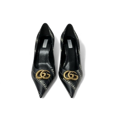 グッチ GUCCI パンプス 靴 シューズ レザー ブラック ホワイト 黒 ゴールド バレンシアガ コラボ ダブルG GGマーモント ロゴ