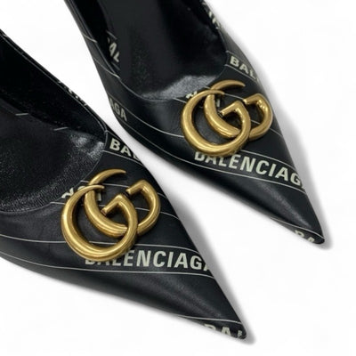 グッチ GUCCI パンプス 靴 シューズ レザー ブラック ホワイト 黒 ゴールド バレンシアガ コラボ ダブルG GGマーモント ロゴ