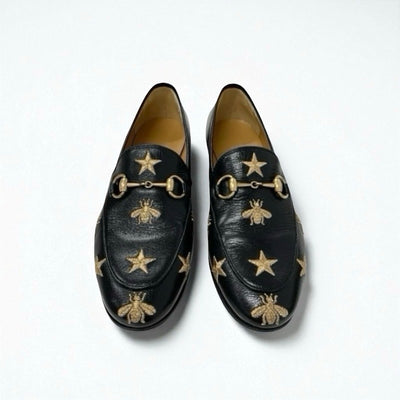 グッチ GUCCI ローファー 革靴 靴 シューズ レザー ブラック ゴールド 黒 ホースビット スター Bee 刺繍