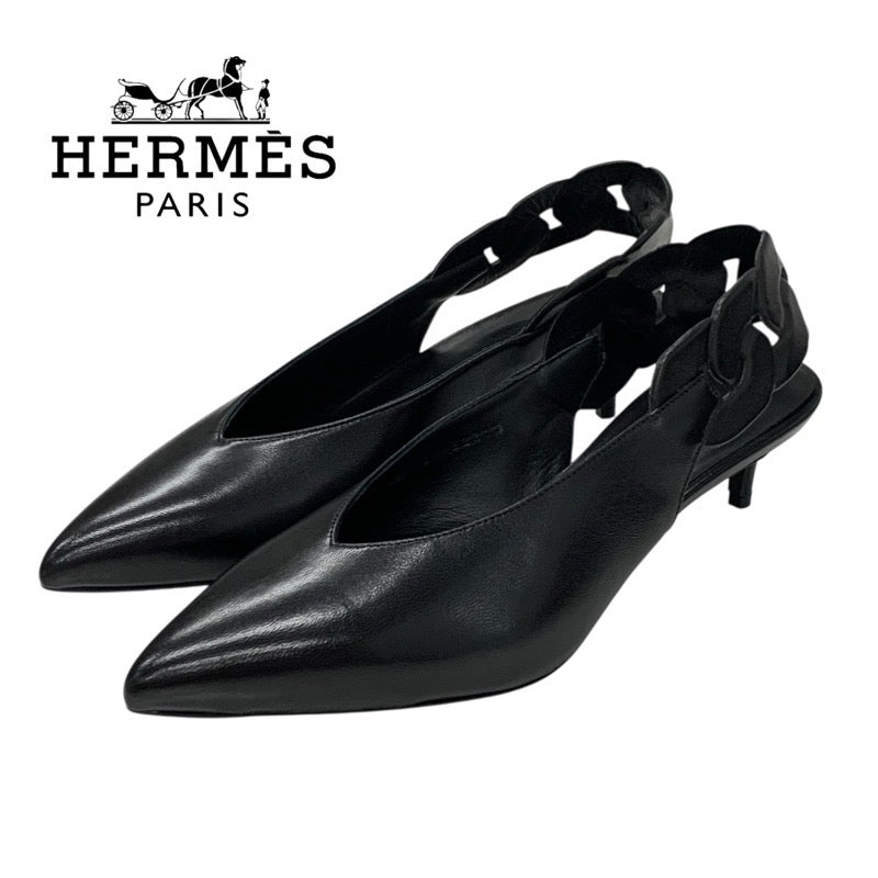 エルメス HERMES ガブリエラ パンプス 靴 シューズ レザー ブラック 黒 シェーヌグルメット スリングバック