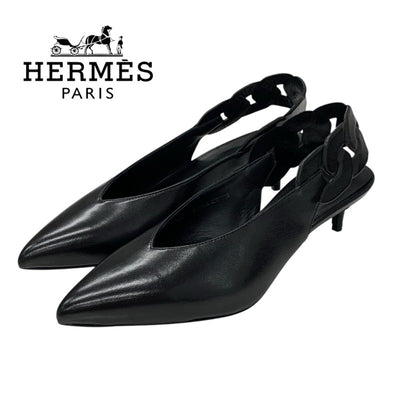 エルメス HERMES ガブリエラ パンプス 靴 シューズ レザー ブラック 黒 シェーヌグルメット スリングバック