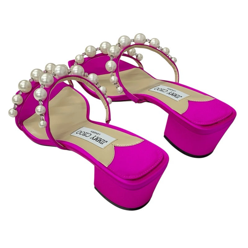 ジミーチュウ JIMMY CHOO Amara45 サンダル 靴 シューズ サテン フューシャピンク 未使用 パール ビーズ