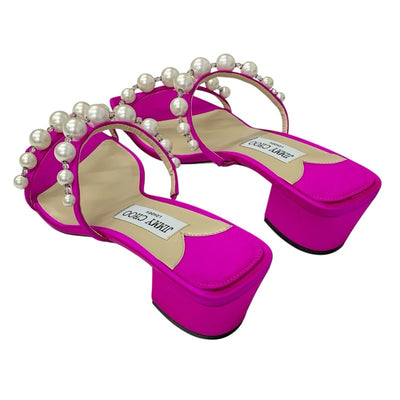 ジミーチュウ JIMMY CHOO Amara45 サンダル 靴 シューズ サテン フューシャピンク 未使用 パール ビーズ