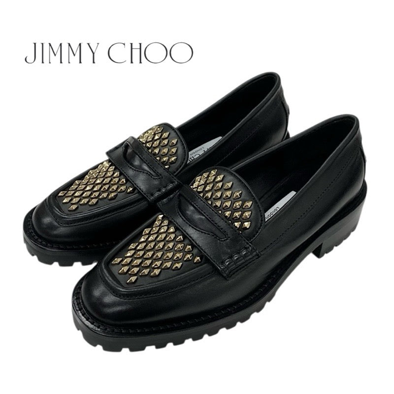 ジミーチュウ JIMMY CHOO DEANNA ローファー 革靴 靴 シューズ レザー ブラック ゴールド スタッズ フラットシューズ