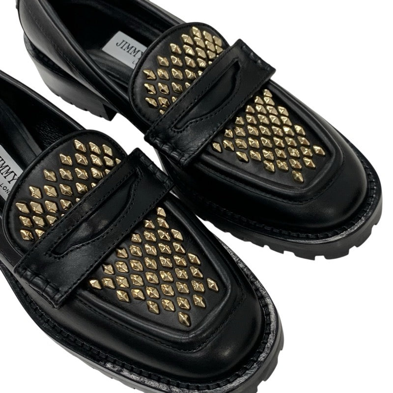 ジミーチュウ JIMMY CHOO DEANNA ローファー 革靴 靴 シューズ レザー ブラック ゴールド スタッズ フラットシューズ