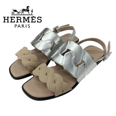 エルメス HERMES グレース サンダル 靴 シューズ レザー スエード シルバー ベージュ ストラップ フラット