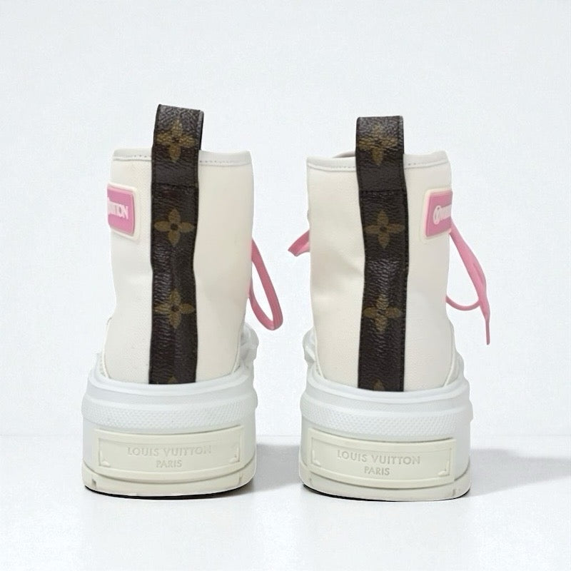 ルイヴィトン LOUIS VUITTON スクァッドライン スニーカー 靴 シューズ キャンバス レザー ホワイト ピンク ブラウン LVロゴ ハイカット