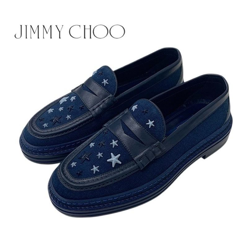 ジミーチュウ JIMMY CHOO ローファー 革靴 靴 シューズ キャンバス レザー ネイビー ブアイソウ コラボ スタースタッズ 藍染め