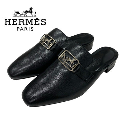 エルメス HERMES ヴァンセンヌ サンダル 靴 シューズ レザー ブラック 黒 シルバー ミュール 馬車金具