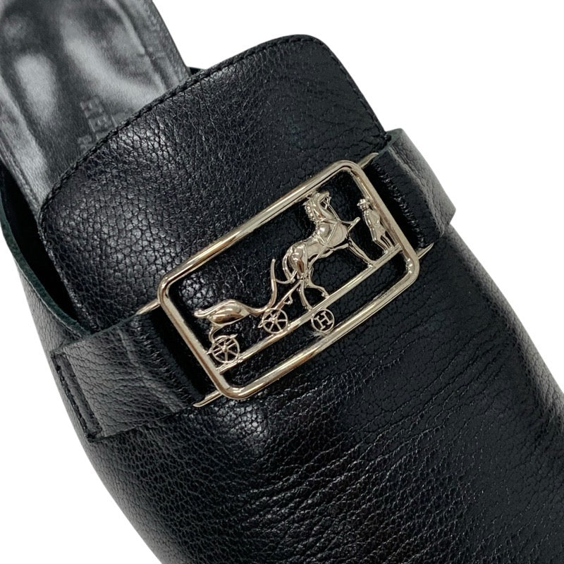 エルメス HERMES ヴァンセンヌ サンダル 靴 シューズ レザー ブラック 黒 シルバー ミュール 馬車金具