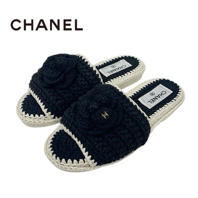 シャネル CHANEL サンダル 靴 シューズ ファブリック ブラック ホワイト ココマーク カメリア ニット フラット ミュール