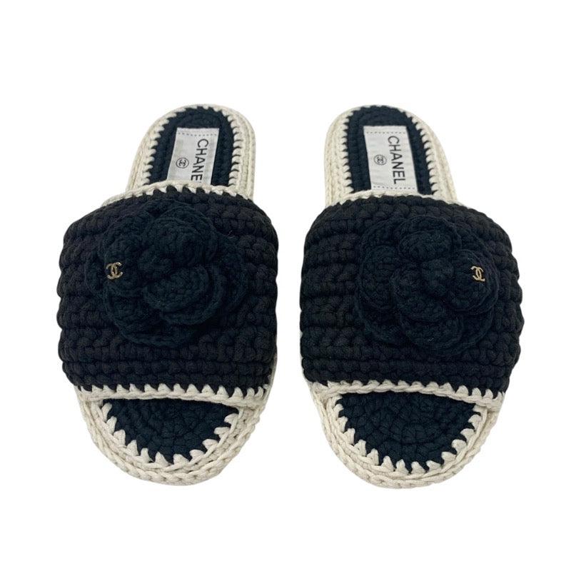 シャネル CHANEL サンダル 靴 シューズ ファブリック ブラック ホワイト ココマーク カメリア ニット フラット ミュール