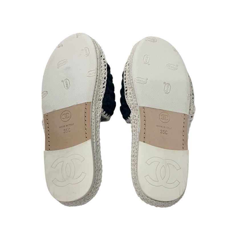 シャネル CHANEL サンダル 靴 シューズ ファブリック ブラック ホワイト ココマーク カメリア ニット フラット ミュール