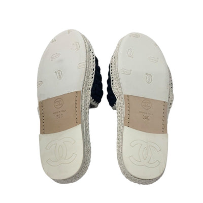 シャネル CHANEL サンダル 靴 シューズ ファブリック ブラック ホワイト ココマーク カメリア ニット フラット ミュール