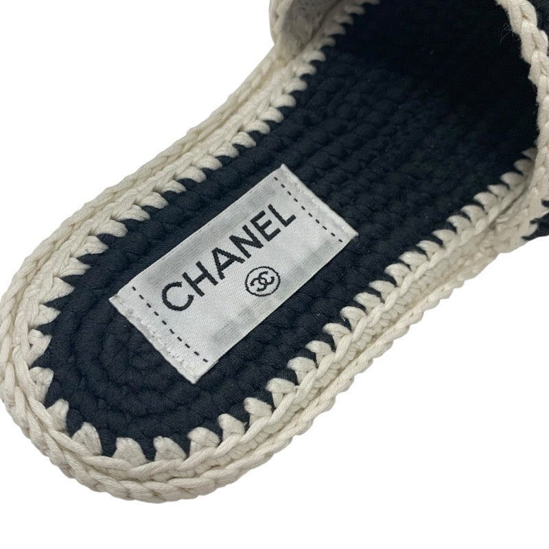 シャネル CHANEL サンダル 靴 シューズ ファブリック ブラック ホワイト ココマーク カメリア ニット フラット ミュール