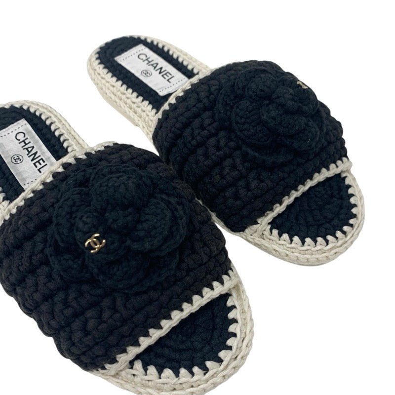シャネル CHANEL サンダル 靴 シューズ ファブリック ブラック ホワイト ココマーク カメリア ニット フラット ミュール