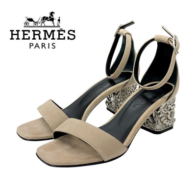 エルメス HERMES グラム60 サンダル 靴 シューズ スエード ベージュ シルバー シェーヌダンクル メタルヒール ストラップ