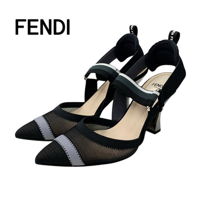 フェンディ FENDI コリブリ パンプス 靴 シューズ ファブリック メッシュ ブラック グレー ロゴ ストラップ