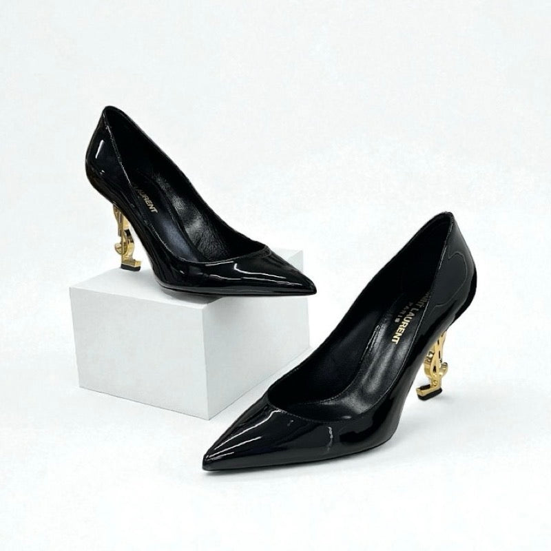 サンローラン SAINT LAURENT オピウム パンプス 靴 シューズ パテント ブラック 黒 ゴールド YSLロゴヒール エナメル
