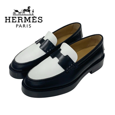 エルメス HERMES アワー ローファー 革靴 靴 シューズ レザー ブラック ホワイト モカシン フラットシューズ