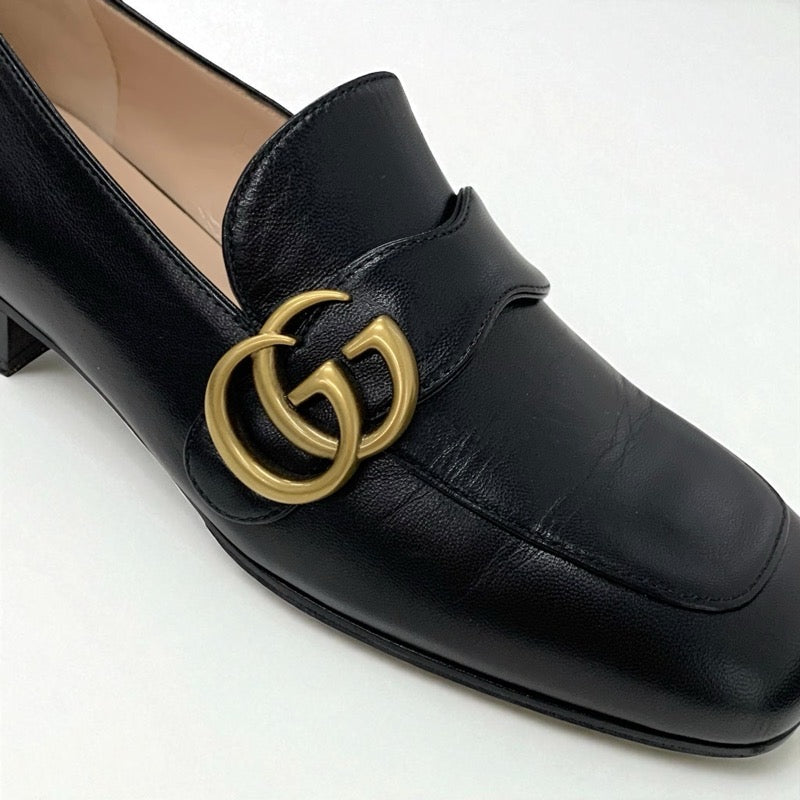 グッチ GUCCI ダブルG ローファー 革靴 靴 シューズ レザー ブラック 黒 ゴールド GGマーモント