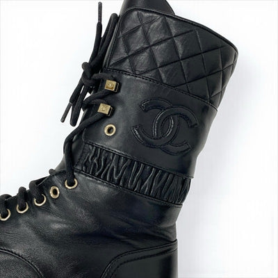 シャネル CHANEL ブーツ ショートブーツ 靴 シューズ レザー ブラック 黒 ココマーク マトラッセ レースアップ ミドルブーツ