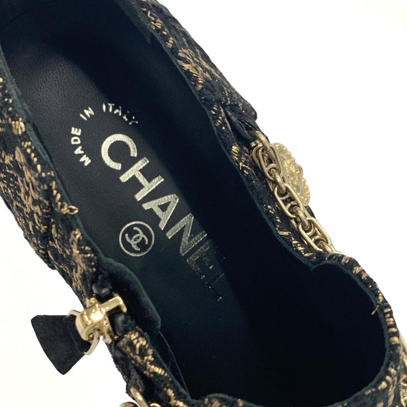シャネル CHANEL ローファー 革靴 靴 シューズ ツイード スエード ブラック ゴールド 未使用 ココマーク チェーン アイコン チャーム