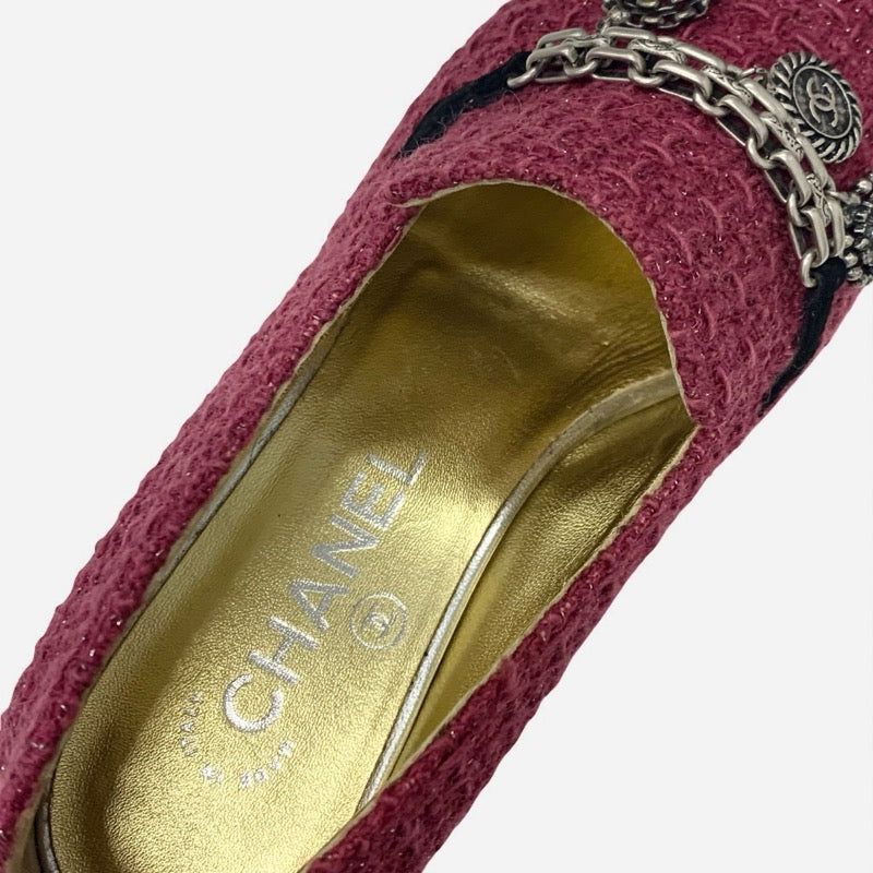 シャネル CHANEL フラットシューズ 靴 シューズ ツイード スエード ピンク系 ブラック ココマーク チェーン チャーム オペラシューズ