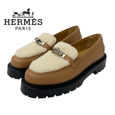 エルメス HERMES アイコン ローファー 革靴 靴 シューズ レザー ムートン ブラウン ホワイト 未使用 モカシン ケリー金具