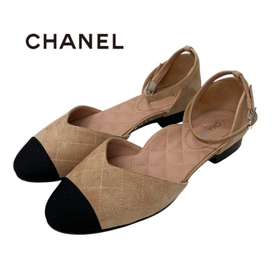 シャネル CHANEL パンプス 靴 シューズ スエード ピンクベージュ ブラック ココマーク ロゴ ストラップ フラット