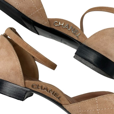 シャネル CHANEL パンプス 靴 シューズ スエード ピンクベージュ ブラック ココマーク ロゴ ストラップ フラット