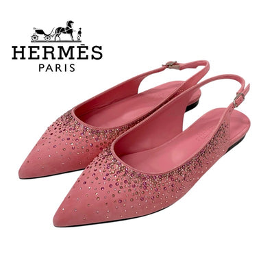 エルメス HERMES フラットシューズ 靴 シューズ スエード ピンク 未使用 スリングバック ラインストーン