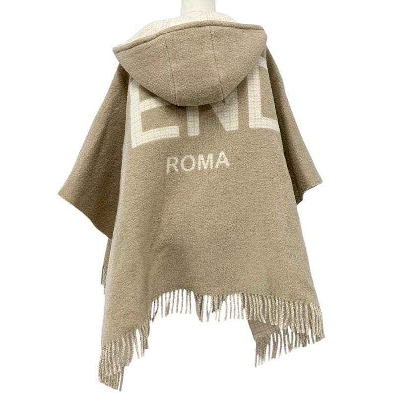フェンディ FENDI アウター ウール ベージュ ロゴ チェック リバーシブル フード ケープ ポンチョ