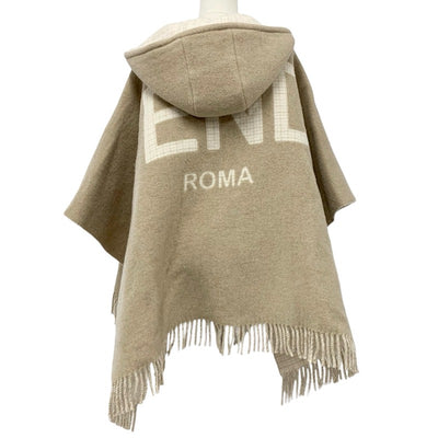 フェンディ FENDI アウター ウール ベージュ ロゴ チェック リバーシブル フード ケープ ポンチョ