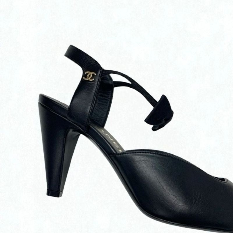 シャネル CHANEL パンプス 靴 シューズ レザー ブラック 黒 ココマーク リボン ストラップ