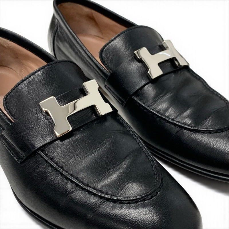 エルメス HERMES パリ ローファー 革靴 靴 シューズ レザー ブラック 黒 シルバー H金具 モカシン フラットシューズ