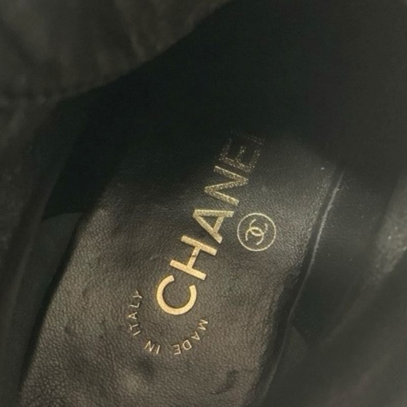 シャネル CHANEL ブーツ ショートブーツ 靴 シューズ レザー ベロア ブラック 黒 ココマーク パール レースアップ