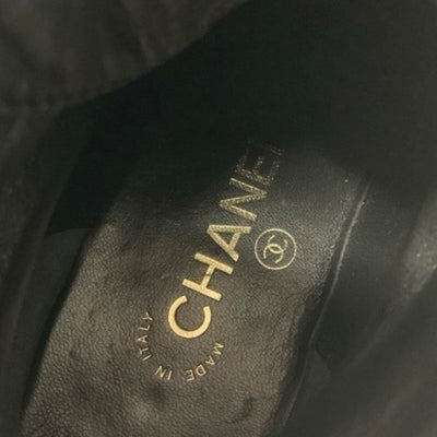 シャネル CHANEL ブーツ ショートブーツ 靴 シューズ レザー ベロア ブラック 黒 ココマーク パール レースアップ