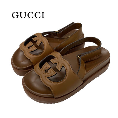 グッチ GUCCI サンダル 靴 シューズ レザー ブラウン 未使用 インターロッキングG ベルクロ