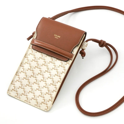 セリーヌ CELINE 携帯・スマホアクセサリー レザー ブラウン ホワイト トリオンフ ロゴ フォンケース モバイルポーチ ポシェット