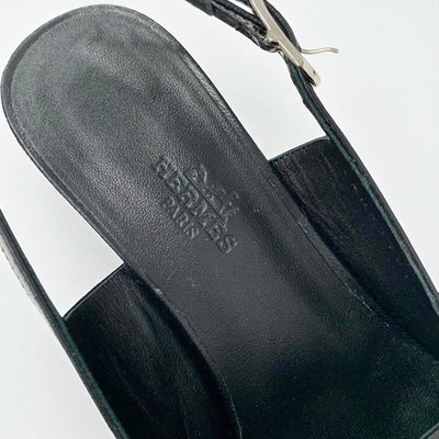 エルメス HERMES アンフィニ パンプス 靴 シューズ レザー ブラック 黒 シルバー H金具 スリングバック