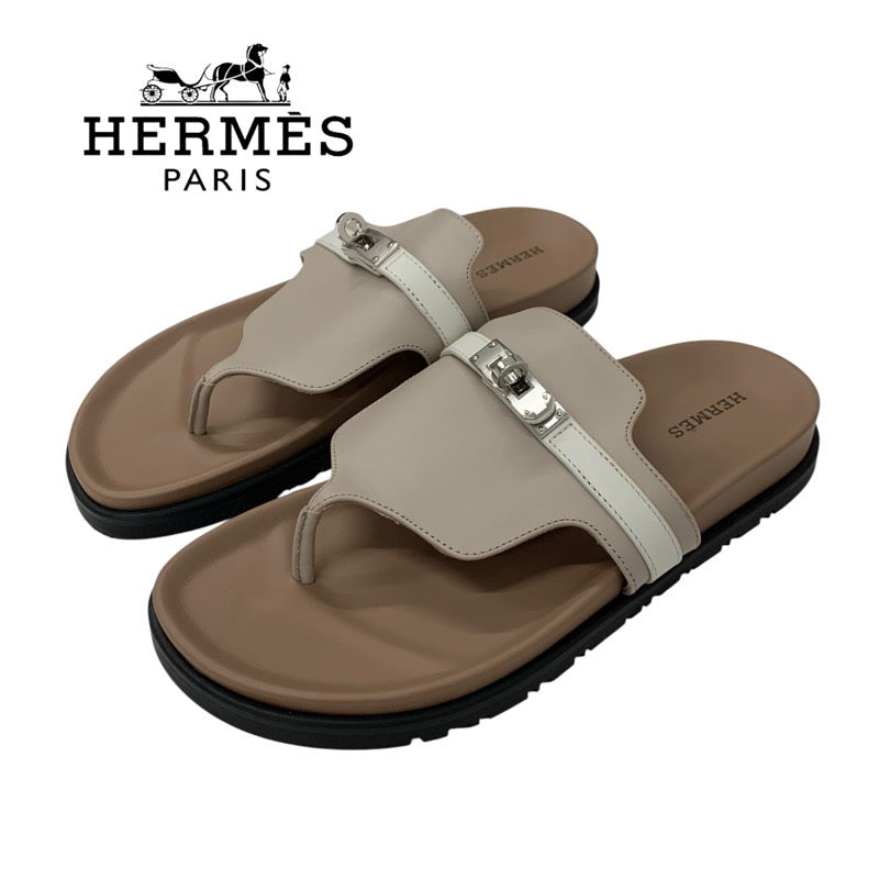 エルメス HERMES アンピール サンダル 靴 シューズ レザー ブラウン ホワイト 未使用 ケリー金具 ミュール フラット トング