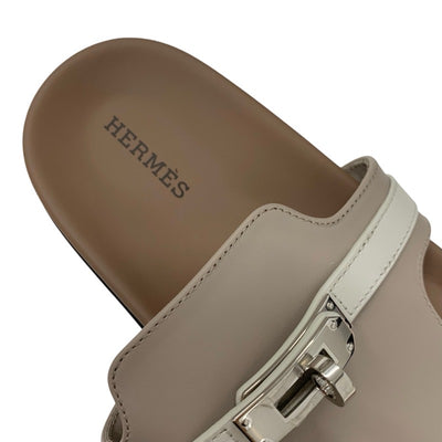 エルメス HERMES アンピール サンダル 靴 シューズ レザー ブラウン ホワイト 未使用 ケリー金具 ミュール フラット トング