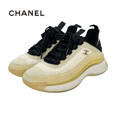シャネル CHANEL スニーカー 靴 シューズ スエード ファブリック ホワイト ベージュ系 ブラック ココマーク